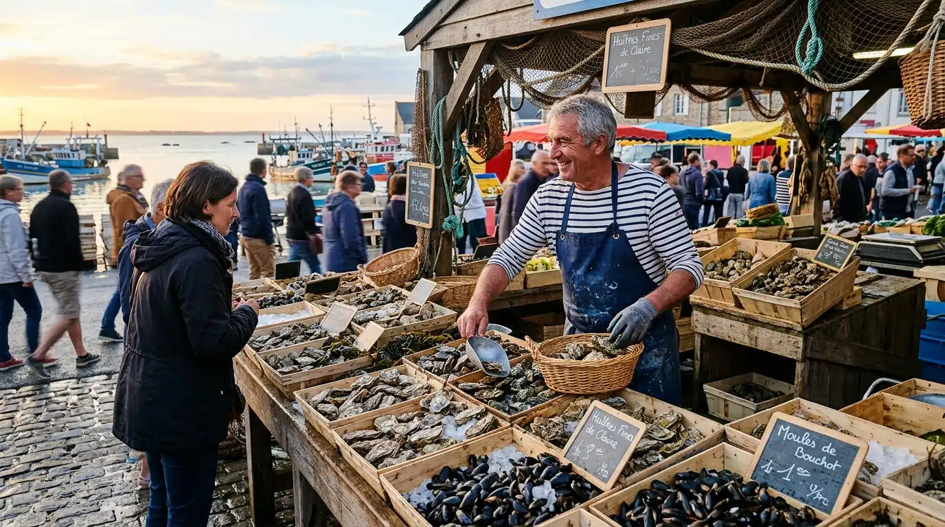 Étal de fruits de mer frais sur un marché côtier français