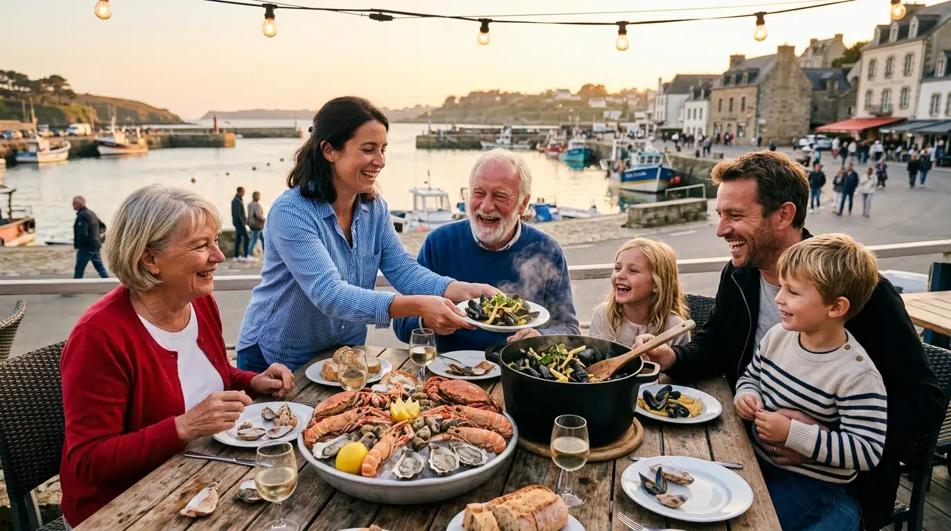 Famille dégustant moules-frites dans un port breton