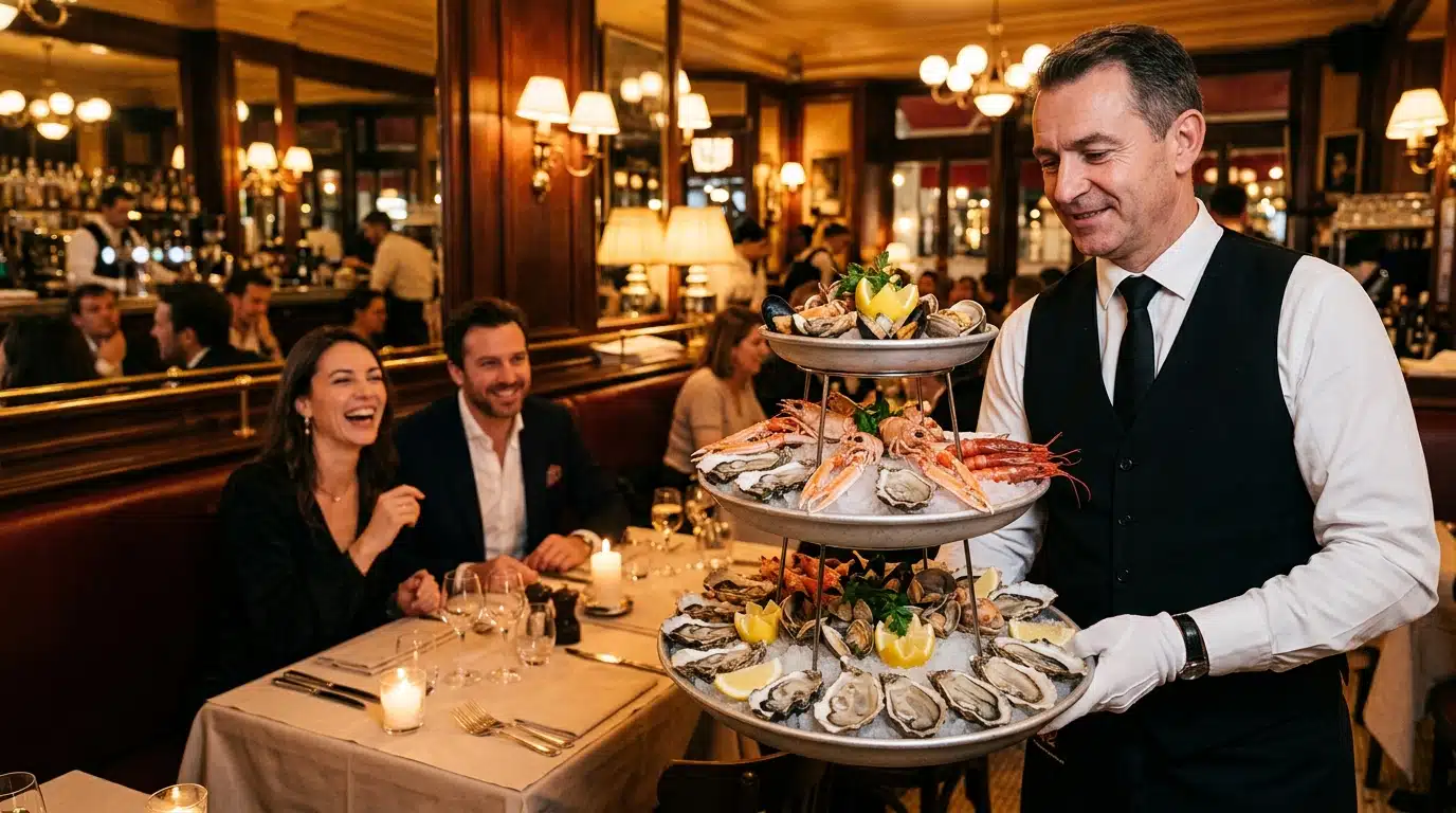 Plateau de fruits de mer servi dans une brasserie parisienne