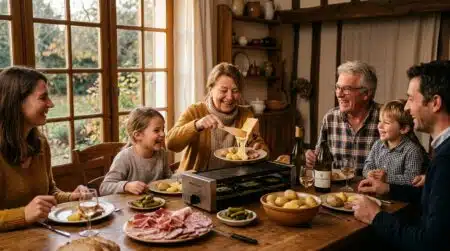 Famille réunie autour d'un appareil à raclette