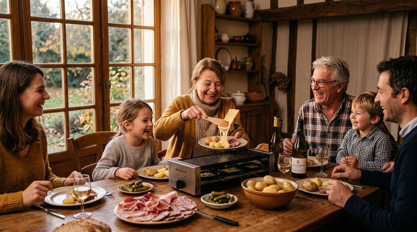 Famille réunie autour d'un appareil à raclette