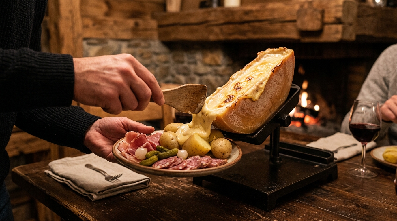 Raclette fondue servie avec pommes de terre et charcuterie