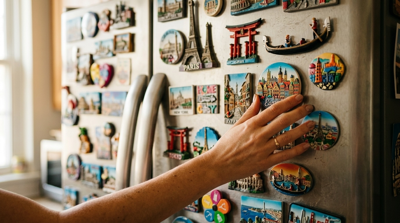 Porte de frigo couverte d'aimants de voyage colorés