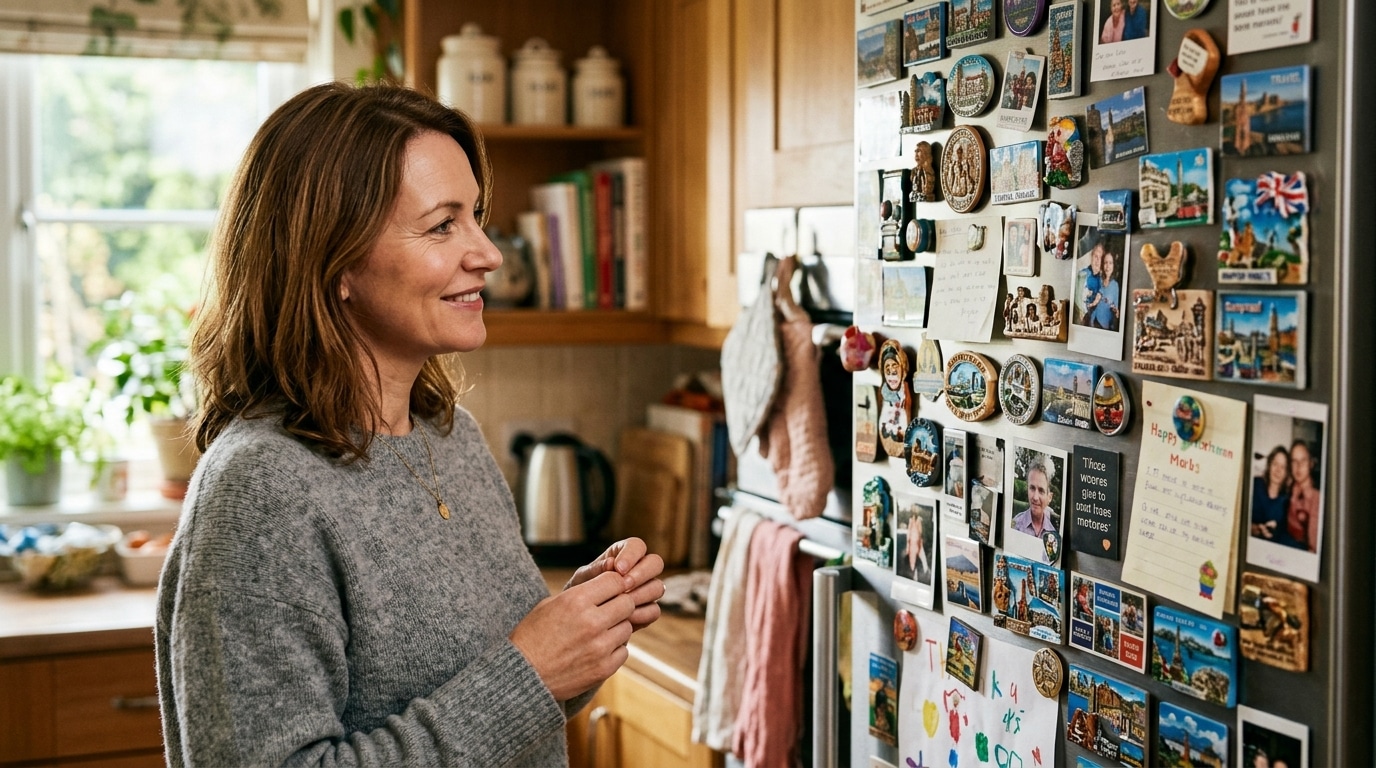 Femme souriante devant sa collection d'aimants dans la cuisine