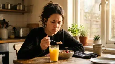 Femme fatiguée devant un jus d'orange au petit-déjeuner