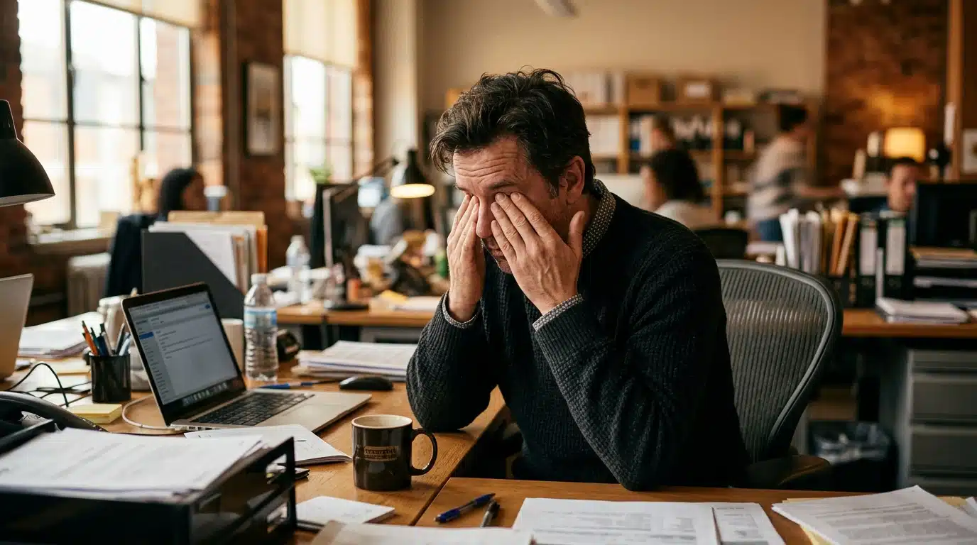 Homme fatigué au bureau après le petit-déjeuner