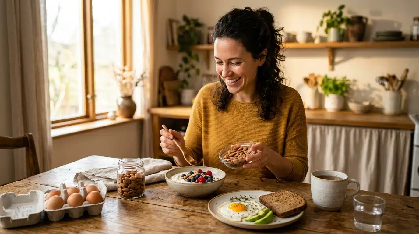 Femme préparant un petit-déjeuner protéiné équilibré