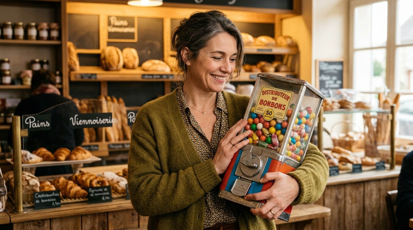 Femme souriante tenant un distributeur de chewing-gums vintage