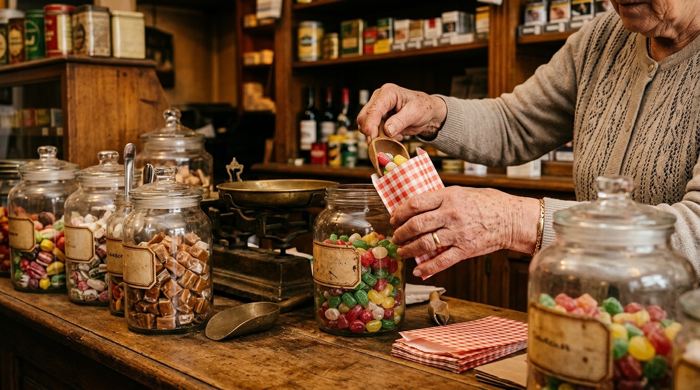 Bonbons vendus en vrac dans des bocaux en verre rétro