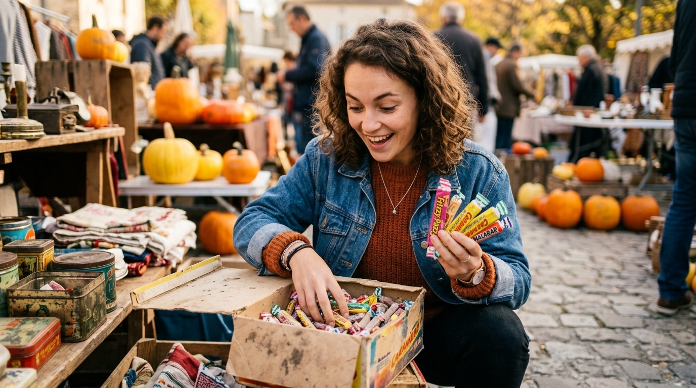 Femme surprise découvrant des bonbons vintage en brocante