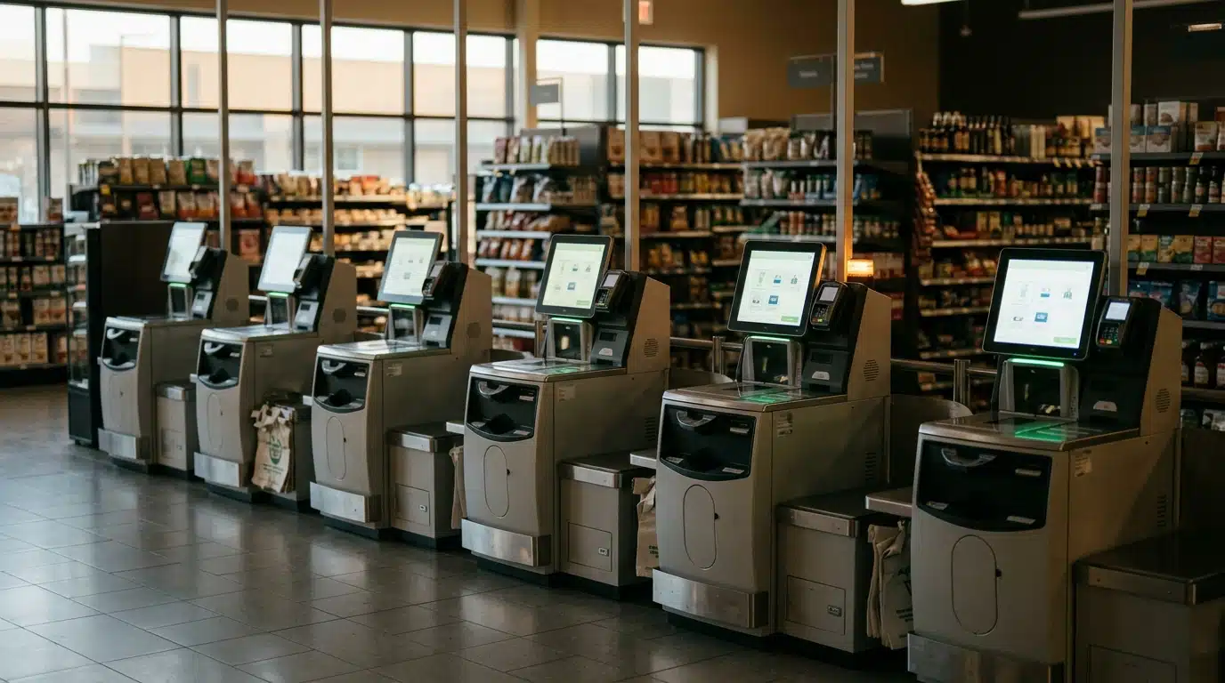 Rangée de bornes de caisses automatiques vides en magasin
