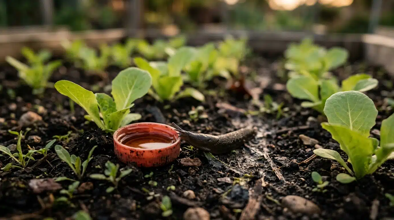 Capsule de bouteille remplie de bière dans la terre du potager