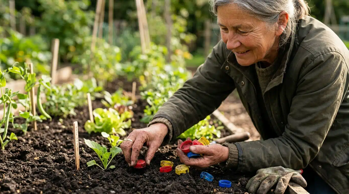 Jardinier installant des capsules de bière au potager