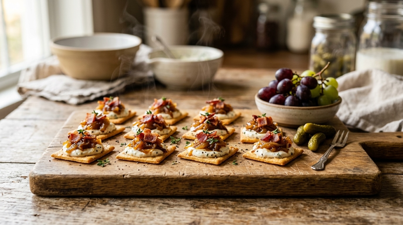Crackers apéritifs garnis d'oignons et lardons dorés