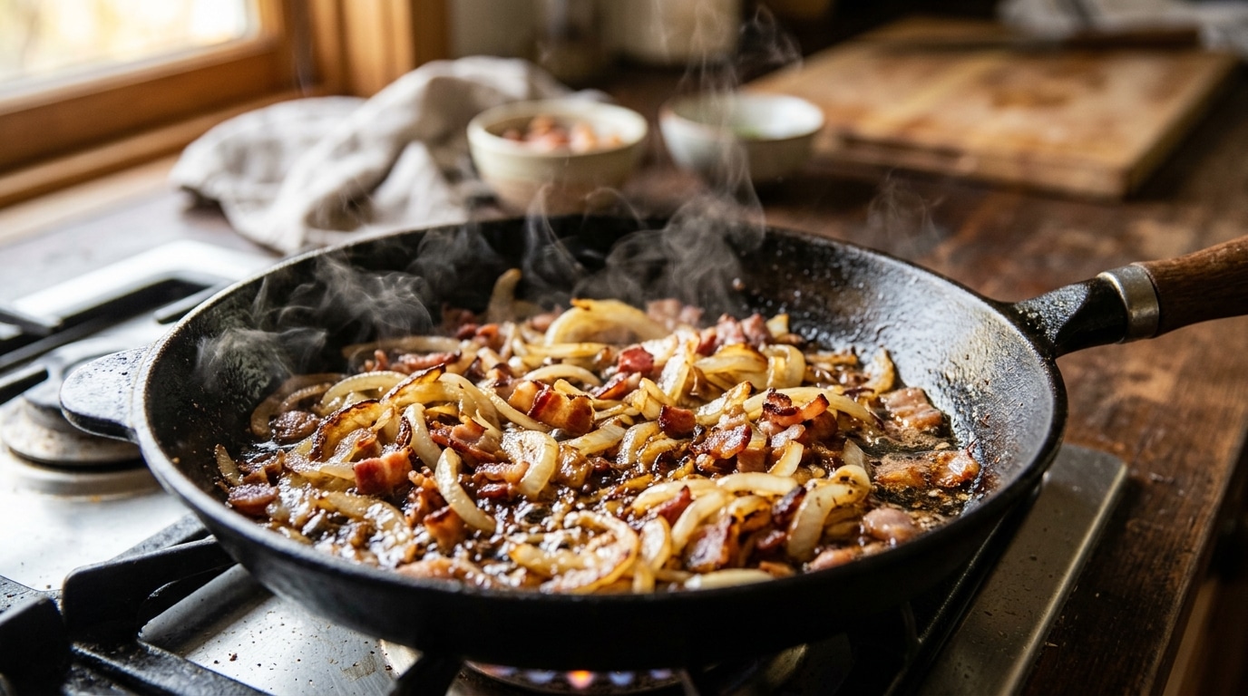Poêle d'oignons et lardons fumés en cuisson