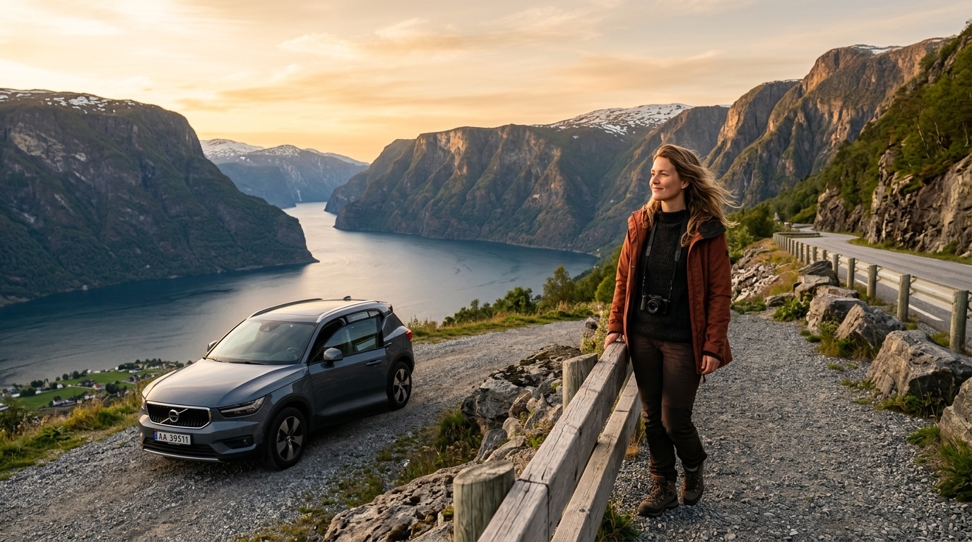Automobiliste admirant un fjord depuis une aire d'autoroute