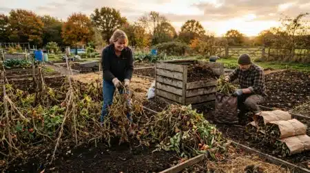 Plants de tomates malades arrachés dans un jardin d'automne