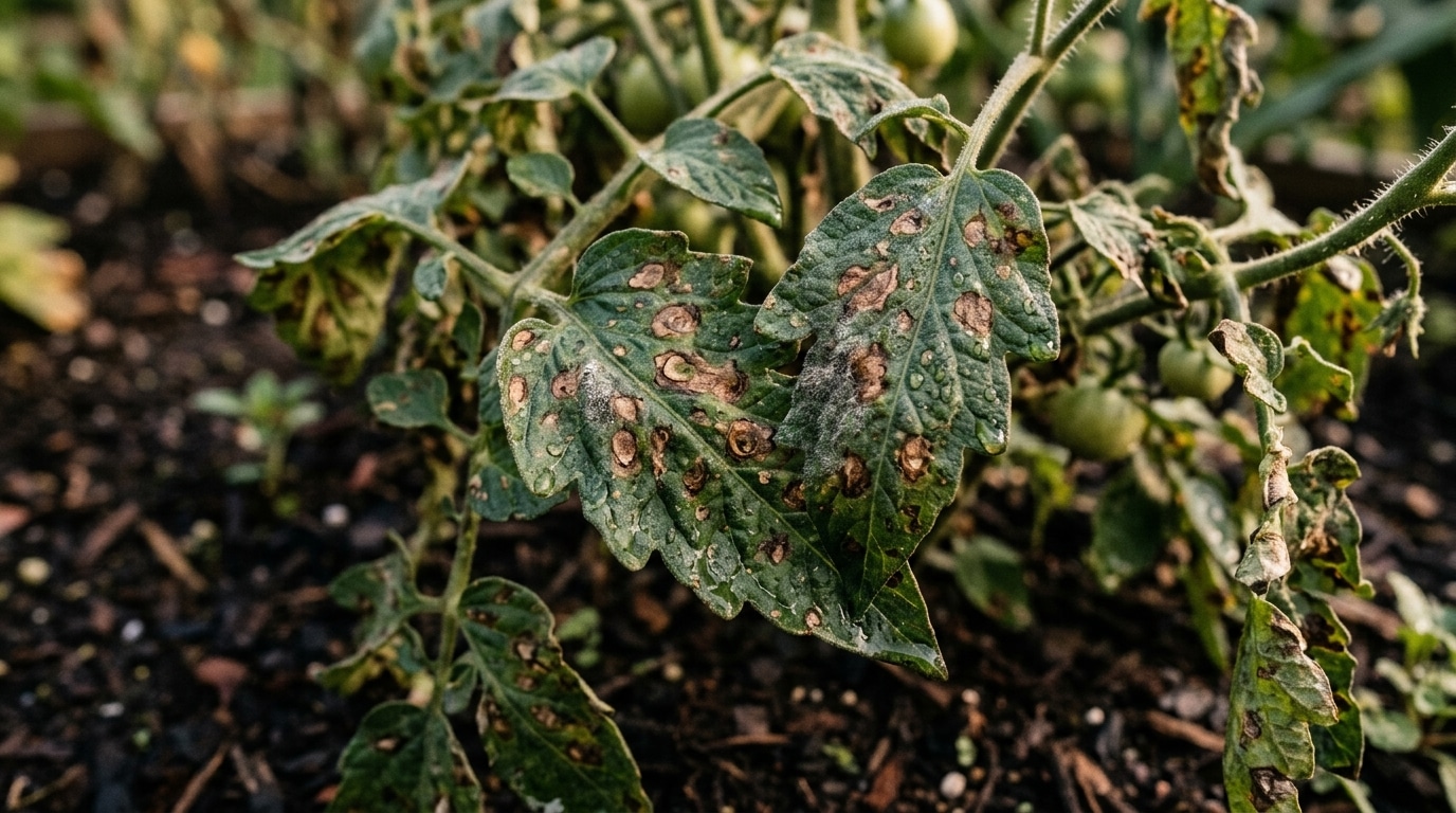 Feuille de tomate couverte de taches brunes de mildiou
