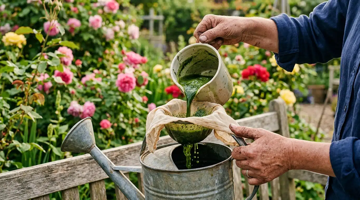 Filtrage du purin de sauge avant utilisation au jardin