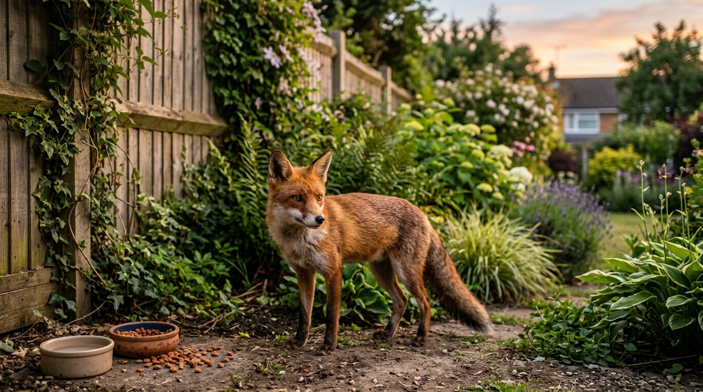 Renard roux prudent au bord d'un jardin au crépuscule