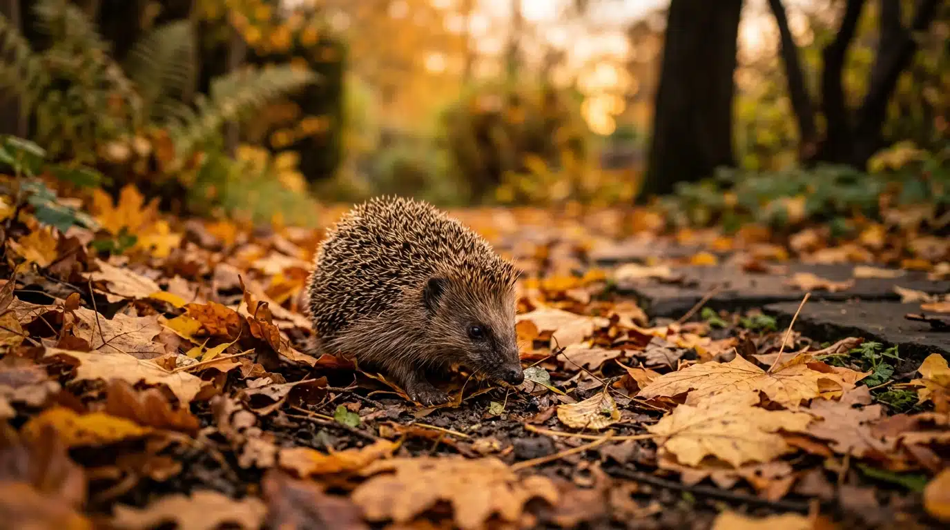 Jeune hérisson cherchant de la nourriture parmi les feuilles