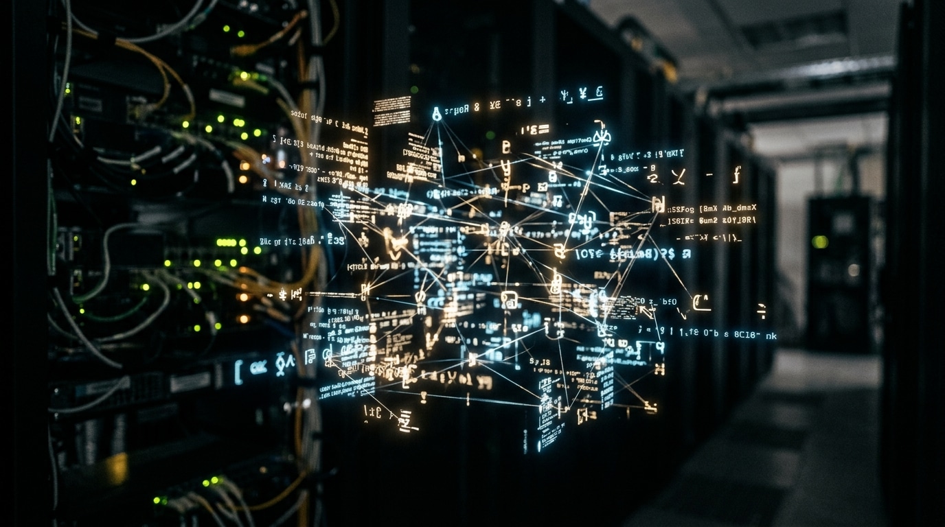 Réseau lumineux de symboles cryptiques flottant dans l'obscurité