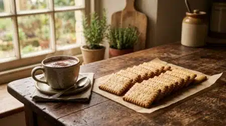 Petits-beurre maison dorés servis avec chocolat chaud
