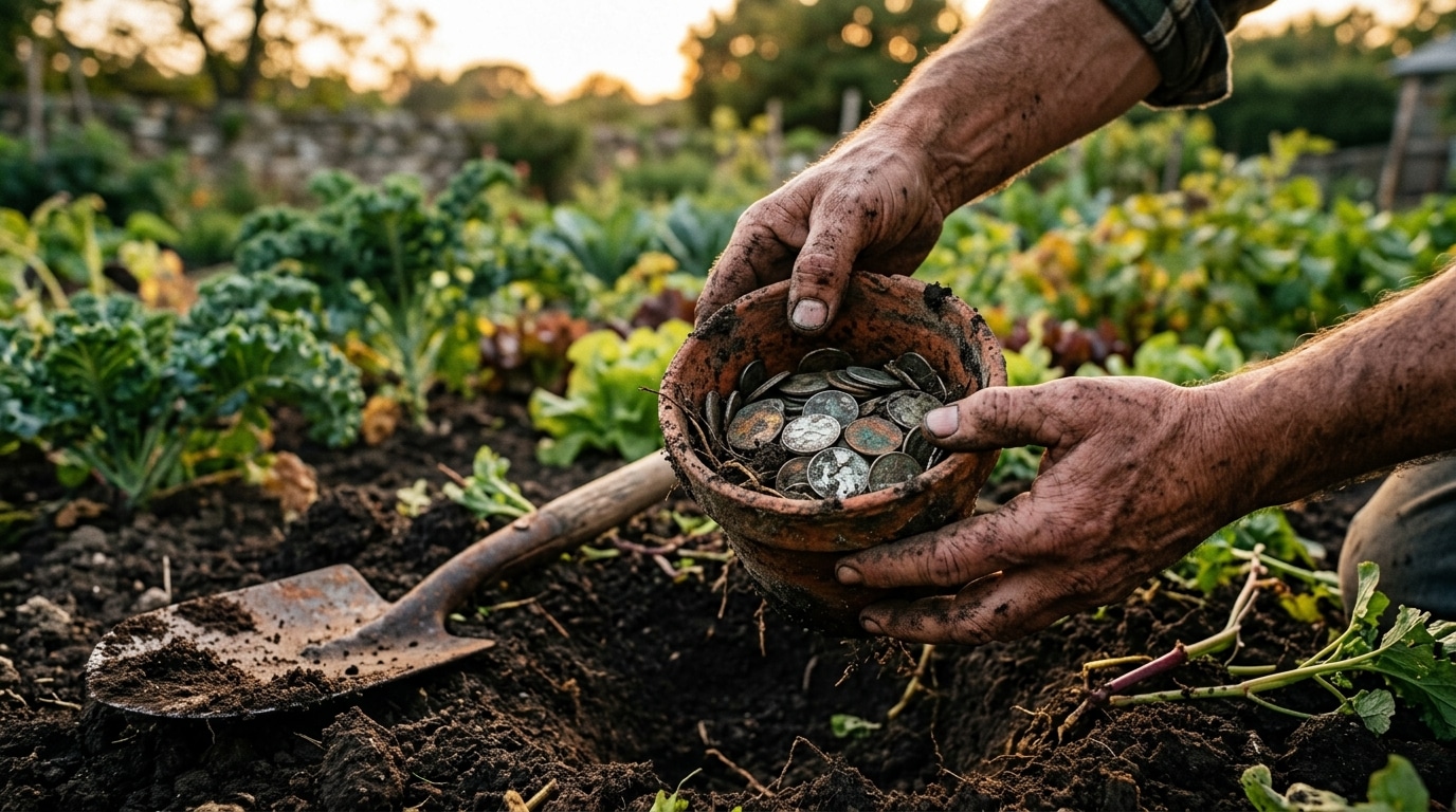 Mains sortant un pot de pièces anciennes terreuses