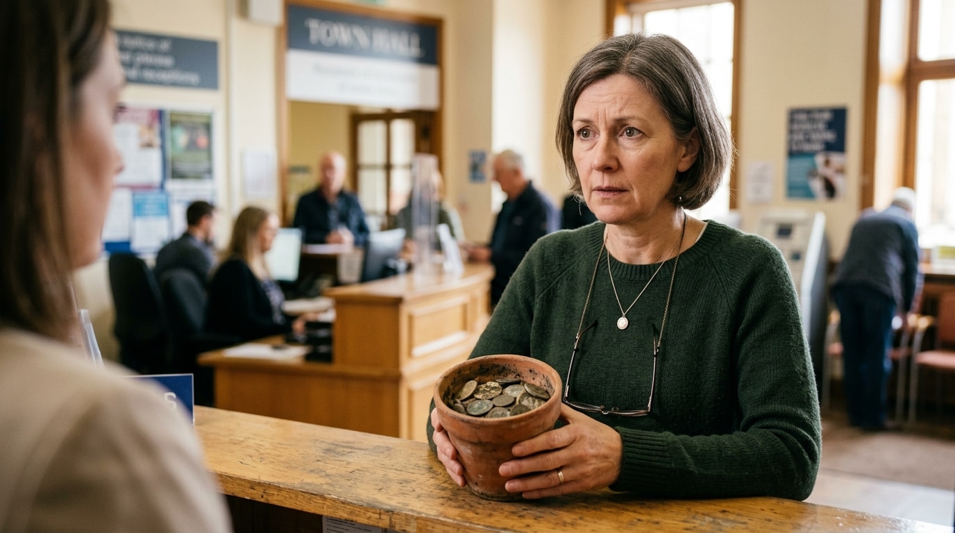 Personne tenant un pot de pièces à la mairie