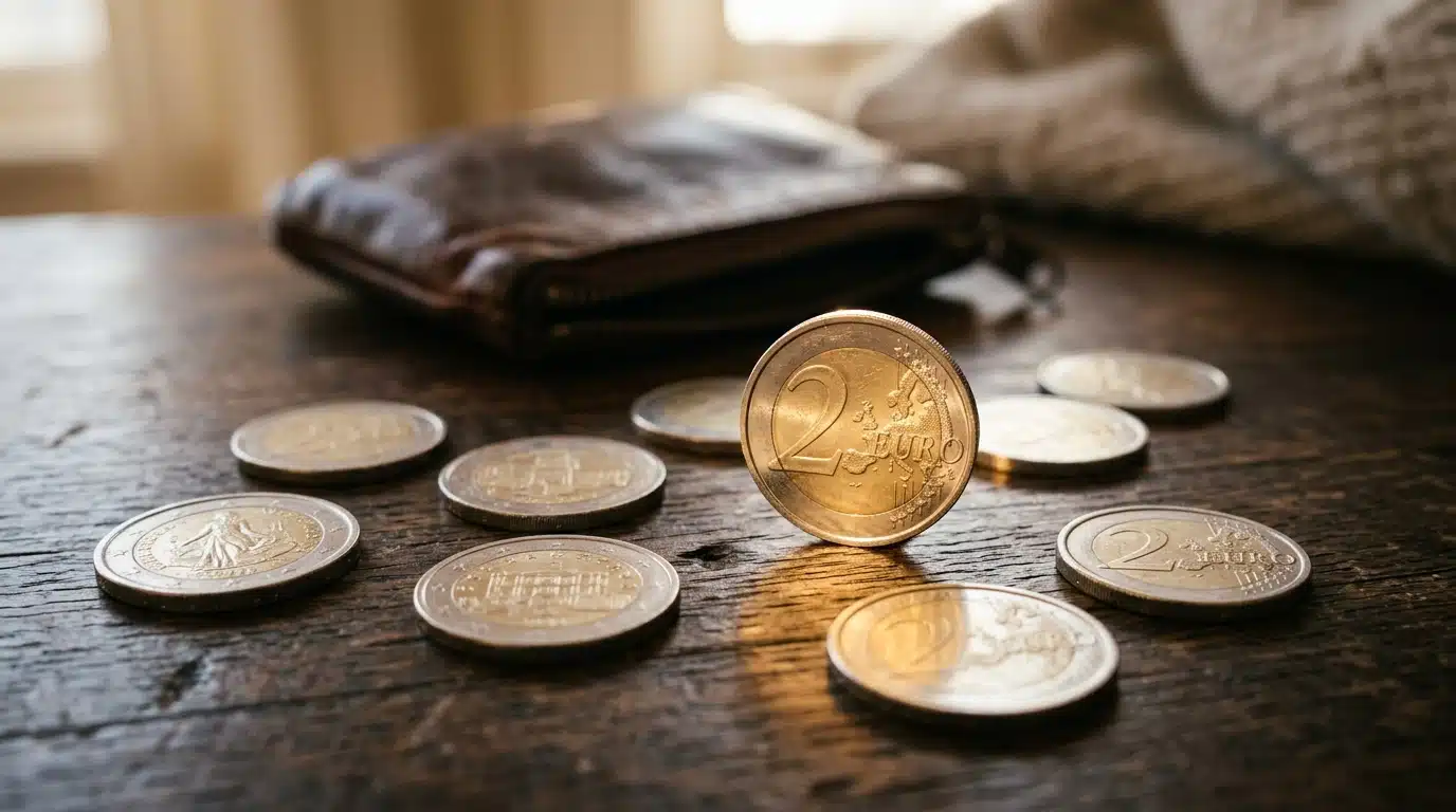 Pièces de 2 euros commémoratives éparpillées sur une table