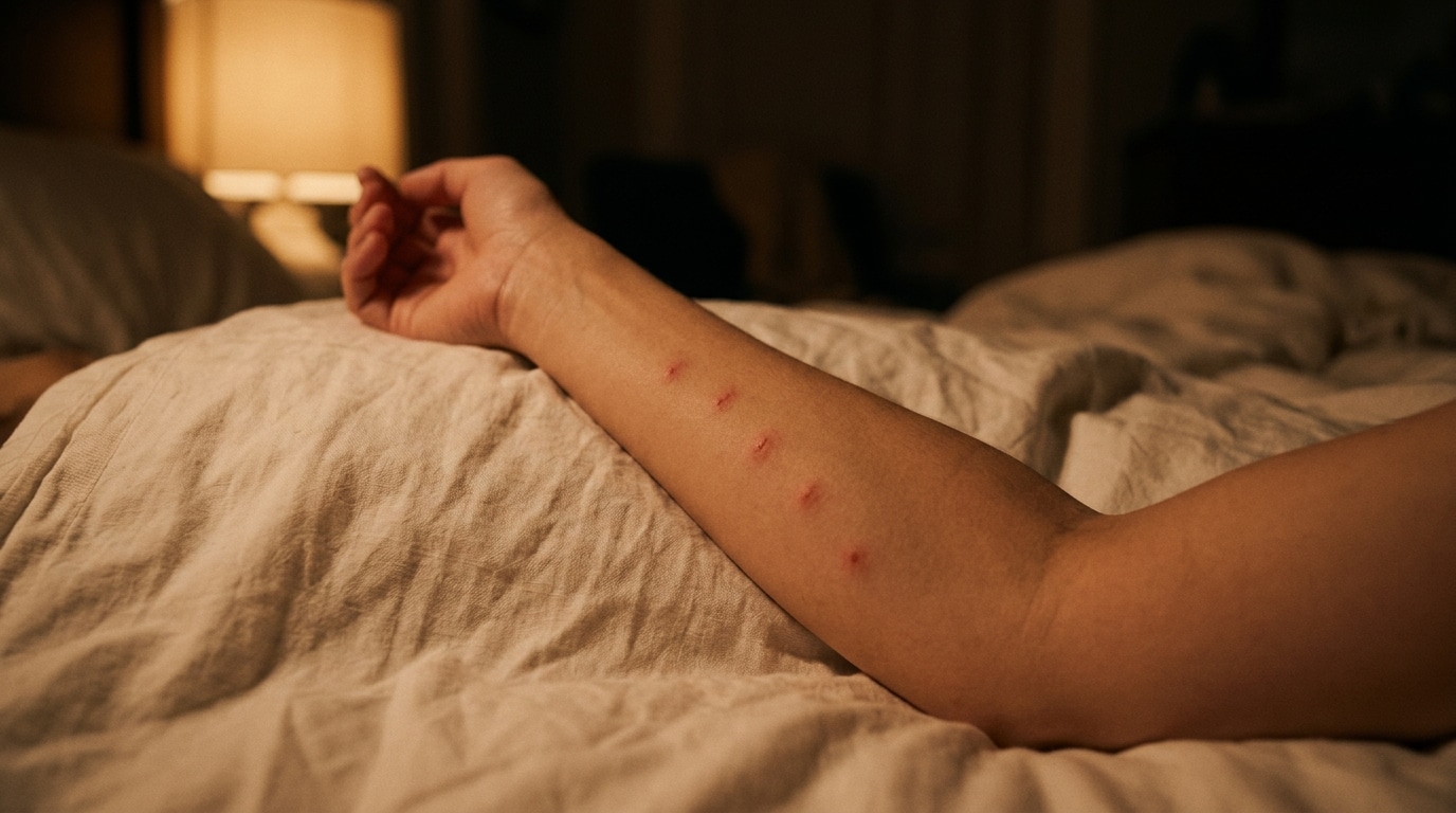 Avant-bras avec petites piqûres rouges alignées la nuit