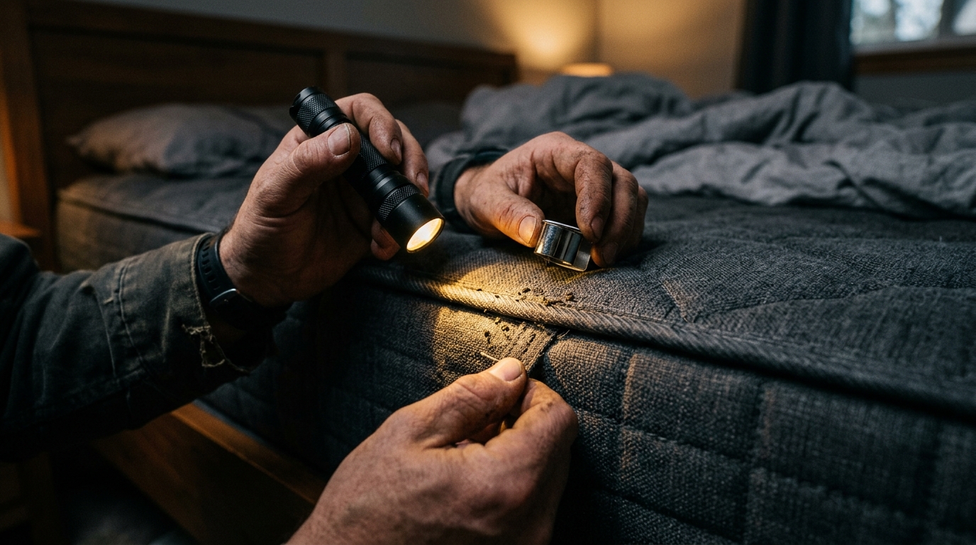 Inspection à la lampe torche des coutures d'un matelas
