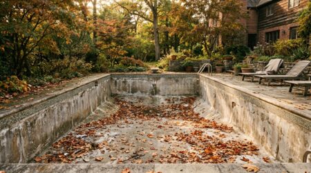 Piscine vide fissurée au sol en automne
