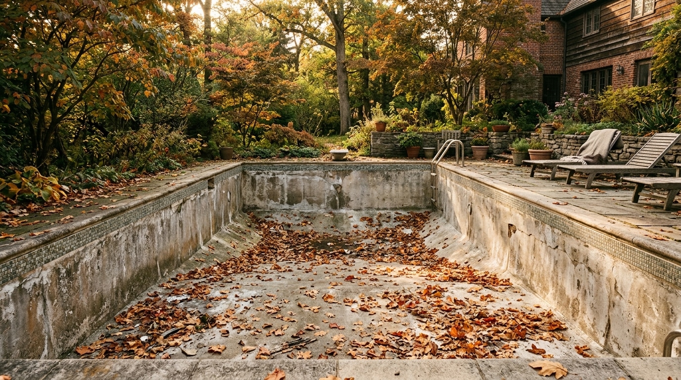 Piscine vide fissurée au sol en automne