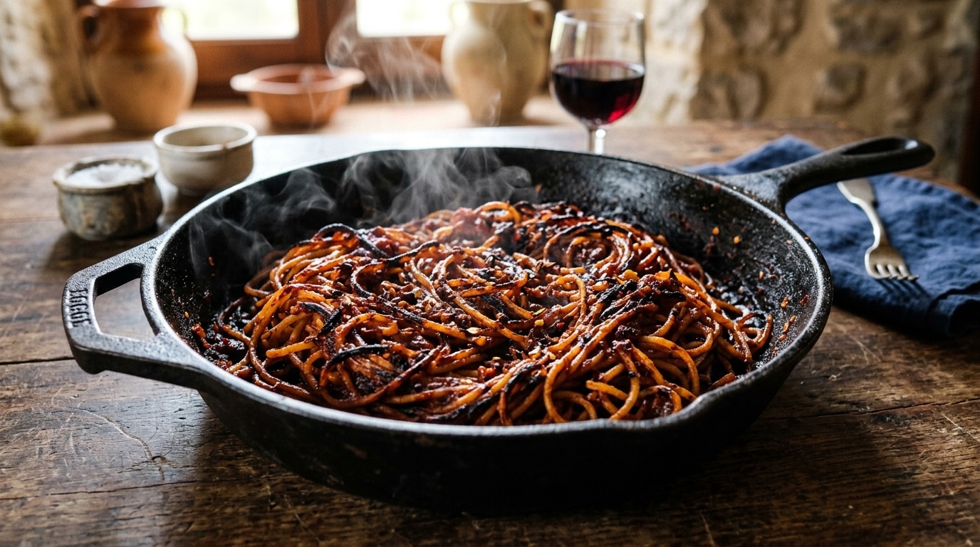 Spaghetti all'assassina grillés dans une poêle en fer