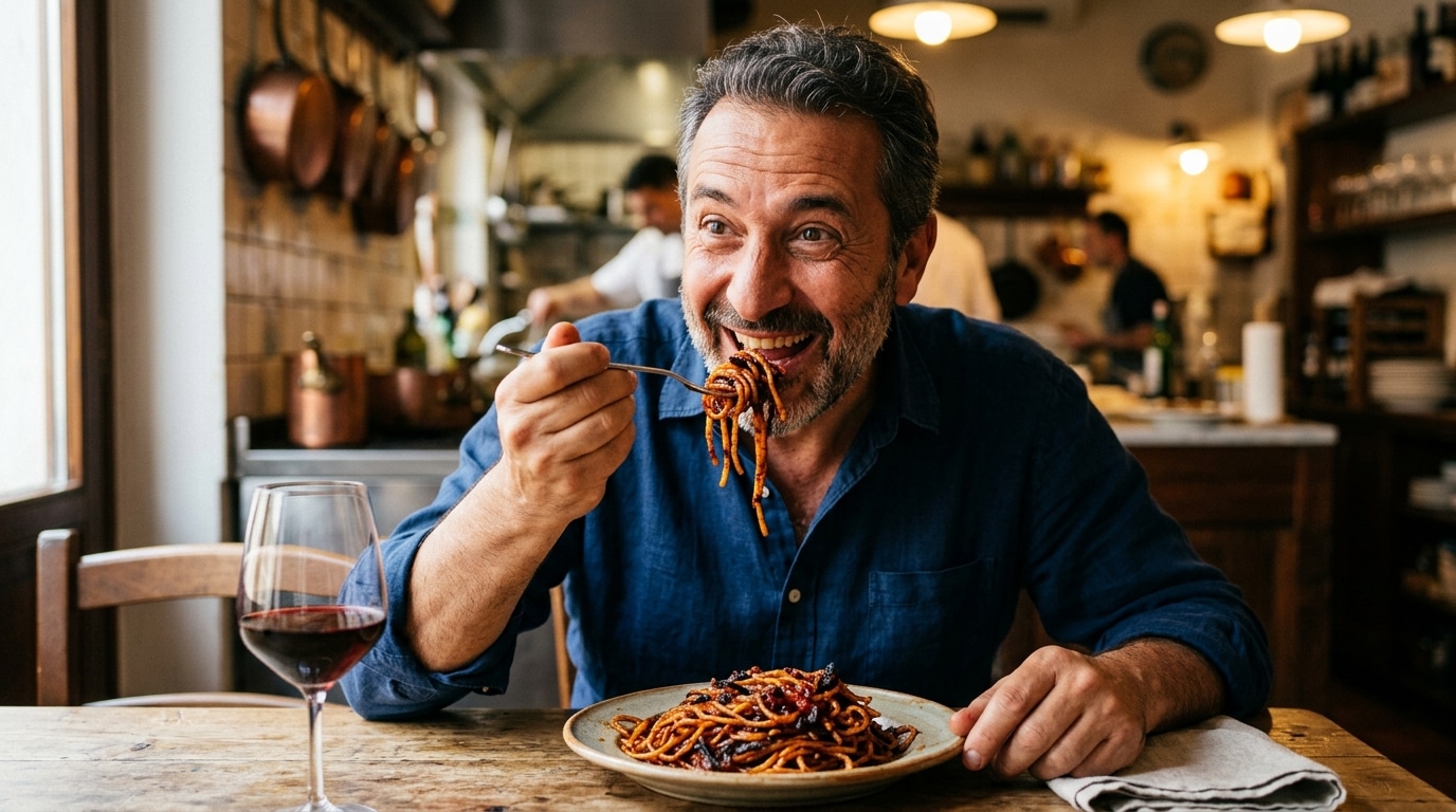 Personne goûtant des spaghetti croustillants avec plaisir