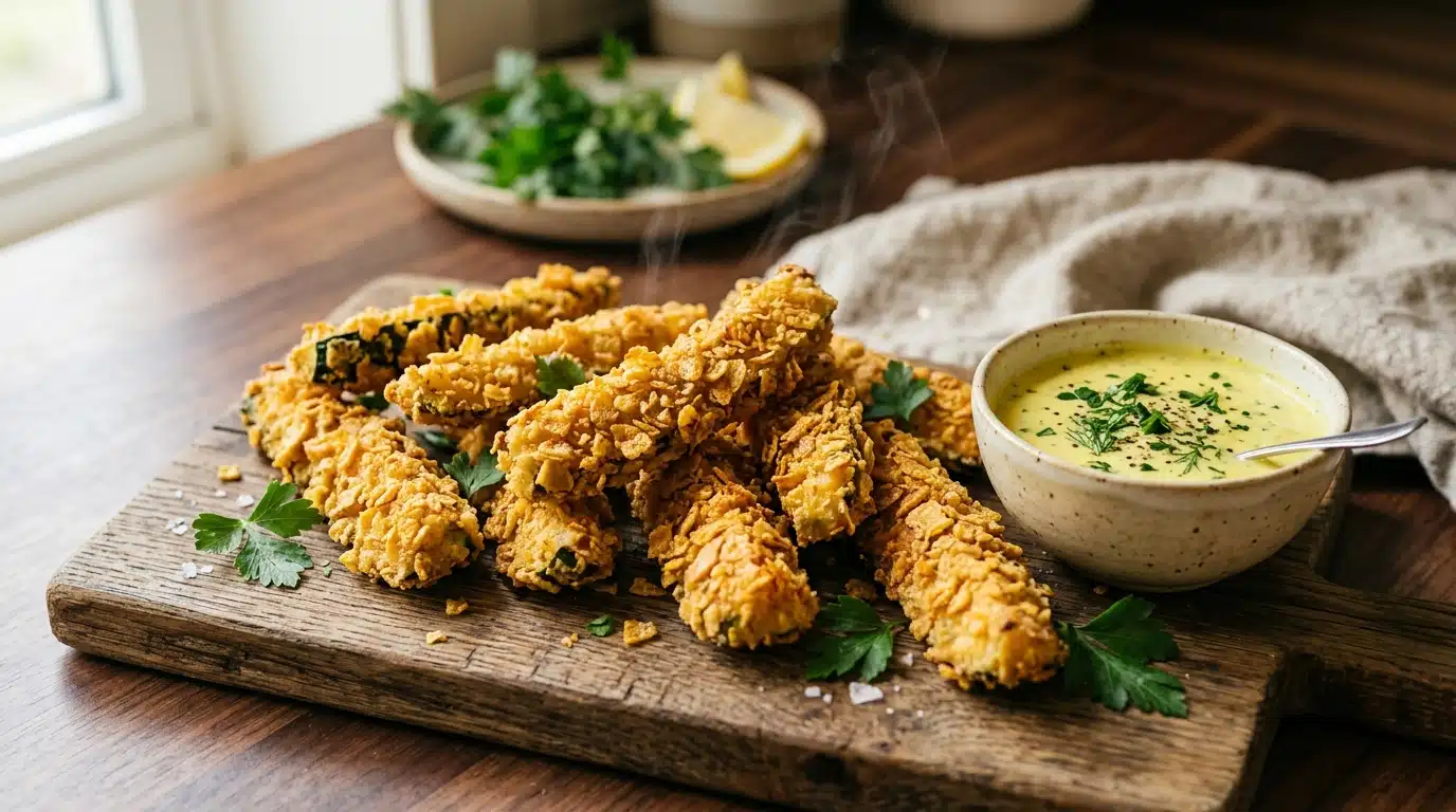 Tenders de courgette dorés servis avec sauce crémeuse