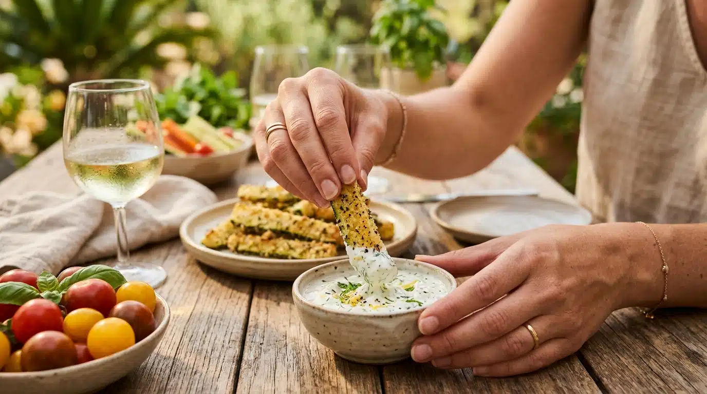 Main trempant un bâtonnet de courgette croustillant dans la sauce