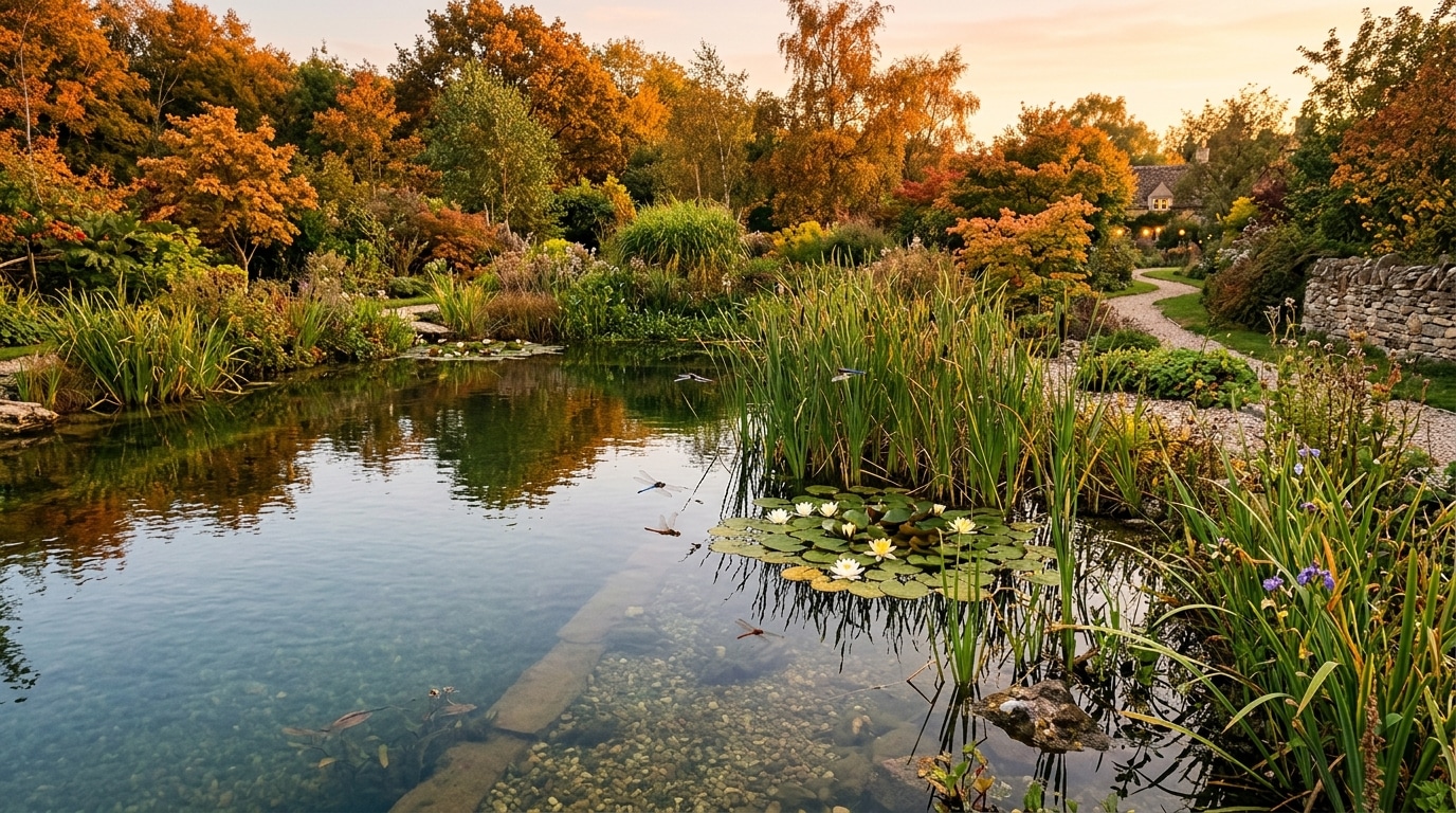 Bassin naturel bordé de roseaux et nénuphars au jardin