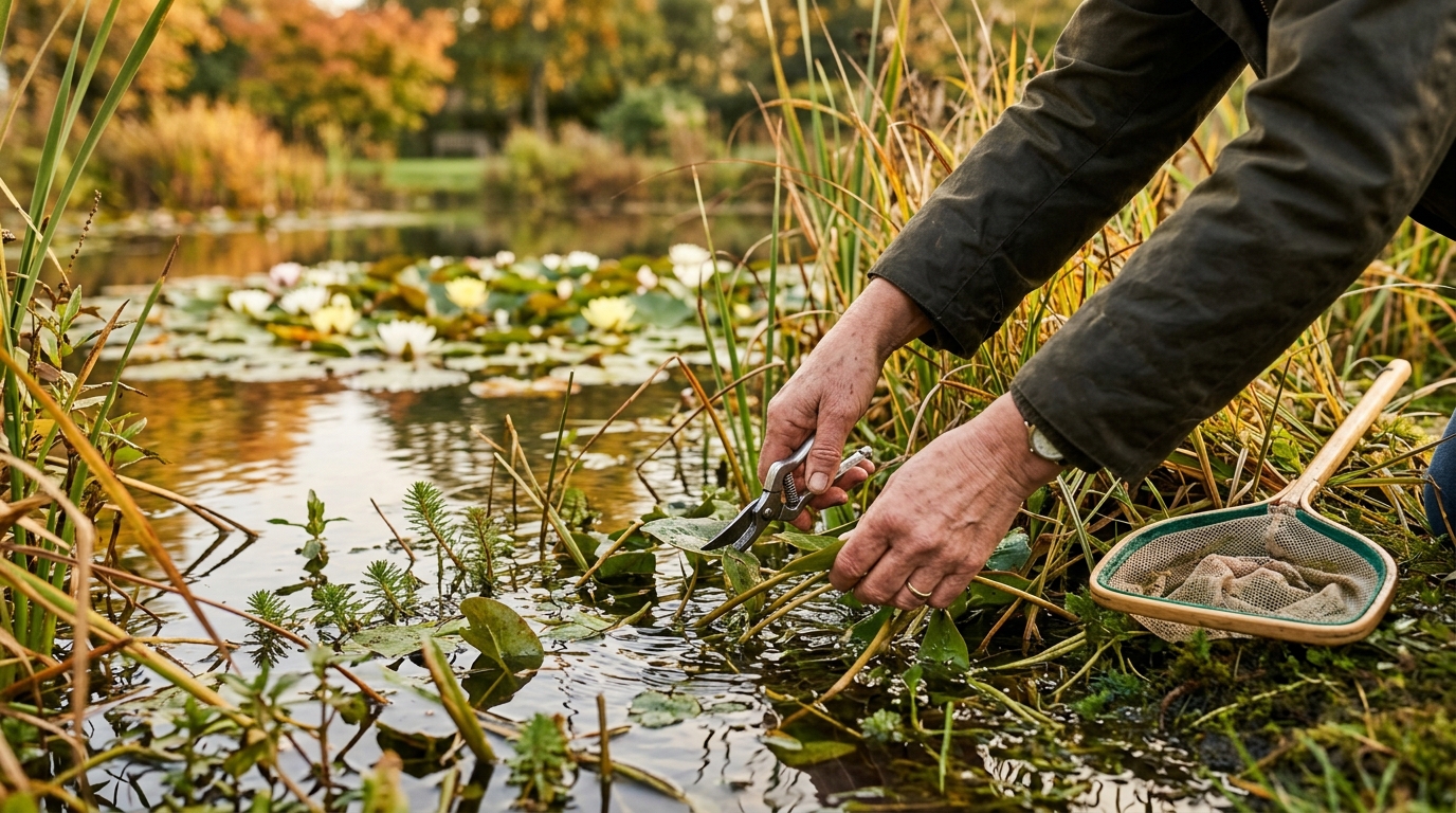 Mains entretenant les plantes aquatiques d'un bassin naturel