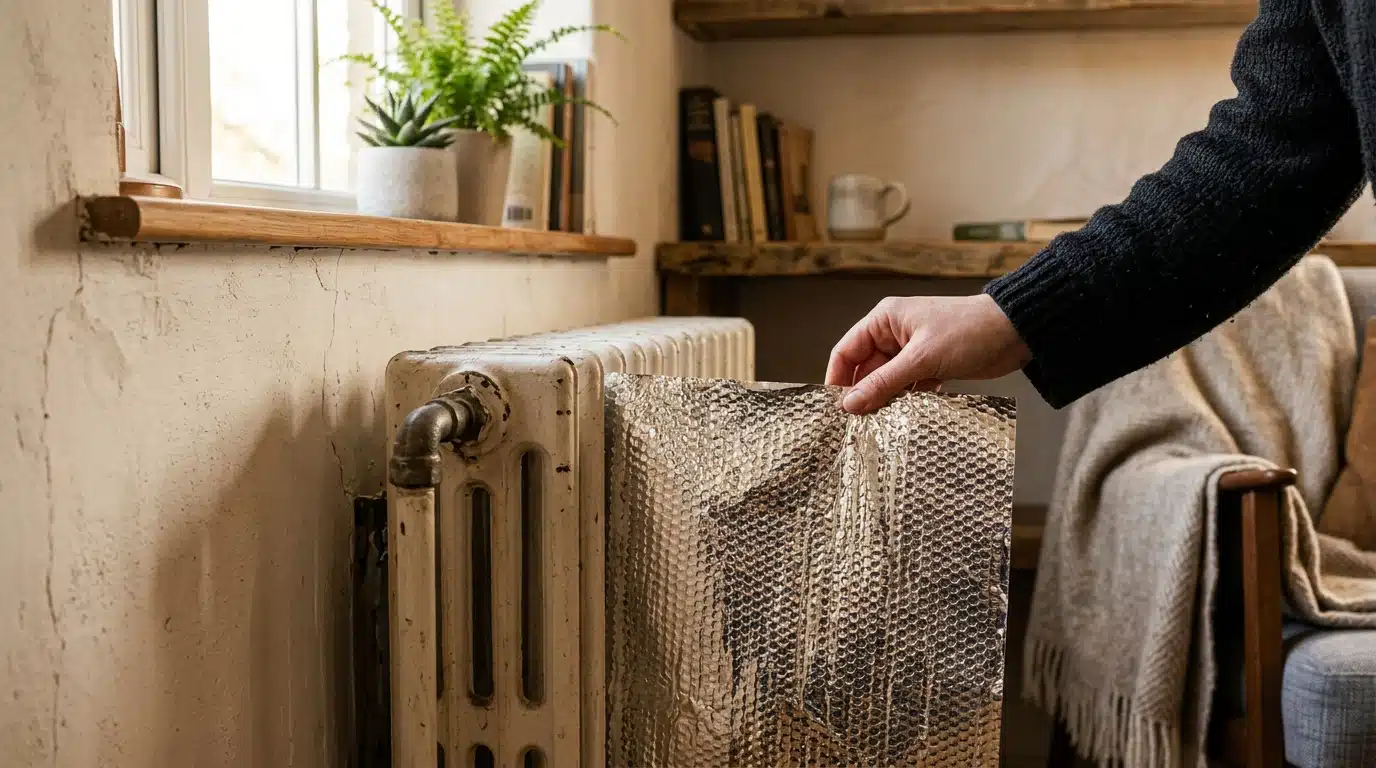 Film réfléchissant aluminium glissé derrière un radiateur