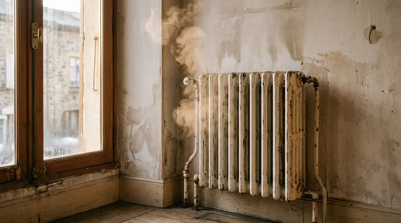 Radiateur ancien contre un mur de logement ancien