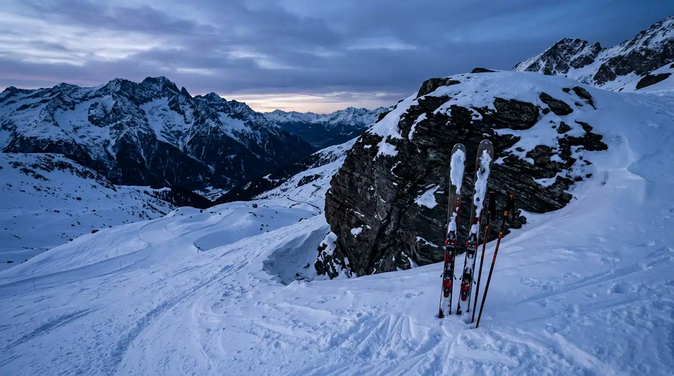 Skis abandonnés près d'un rocher en montagne enneigée