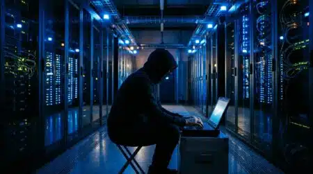 Silhouette de hacker face à des serveurs informatiques