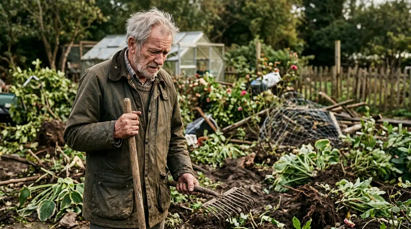 Homme âgé face à son jardin retourné