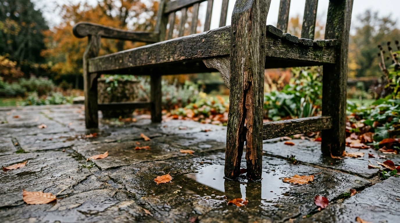 Pied de banc en bois fissuré sur terrasse humide
