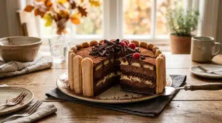 Charlotte au chocolat entière sur table en bois