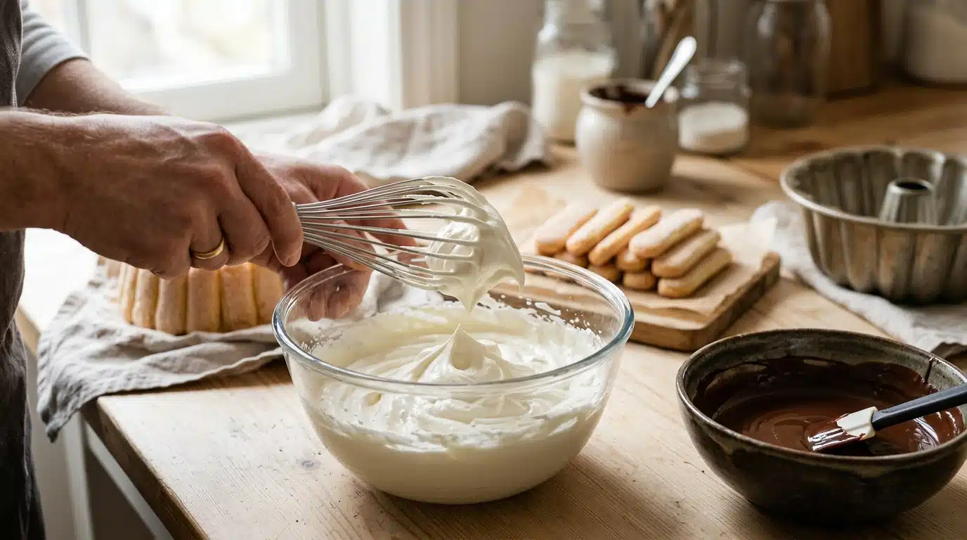 Mains fouettant de la crème dans un bol