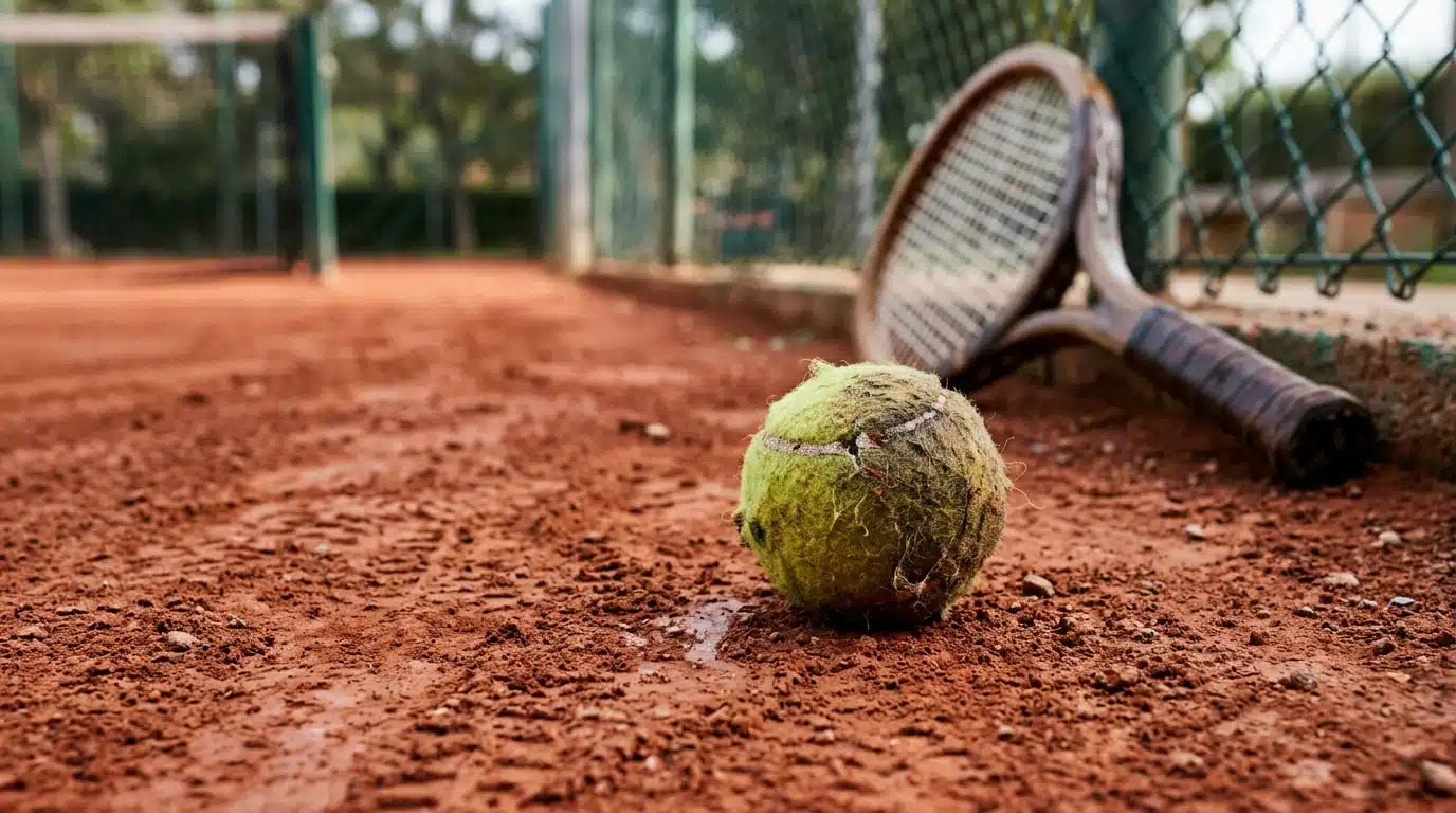 Balle usée posée sur un court de padel