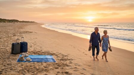 Couple profitant d'une plage vide en septembre